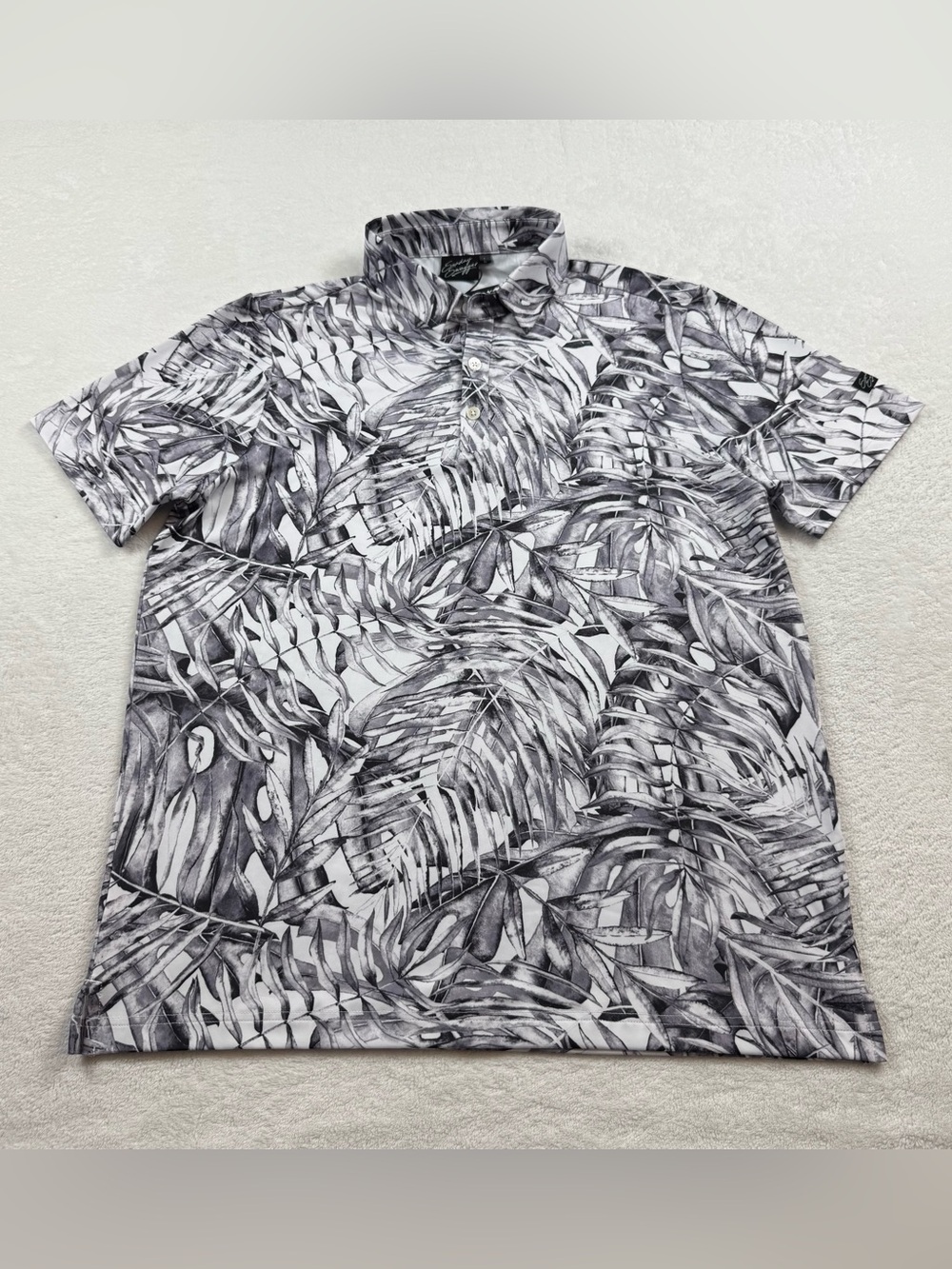 Sunday swagger polo shirt men’s Size L grayscale leaf print golf performance